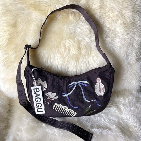 BAGGU Handbags - NWT Baggu Medium Crescent Bag - Embroidered Get Ready With Me (Chocolate Plum)